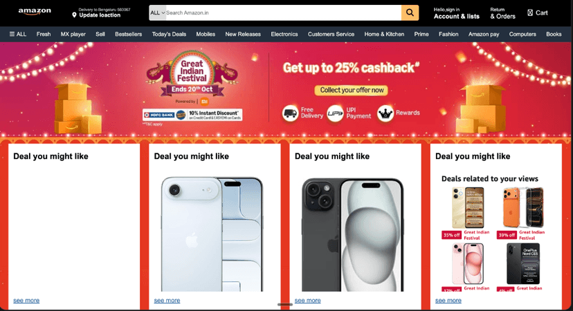 An Amazon clone (Great Indian Festival page with deals, search bar, nav)